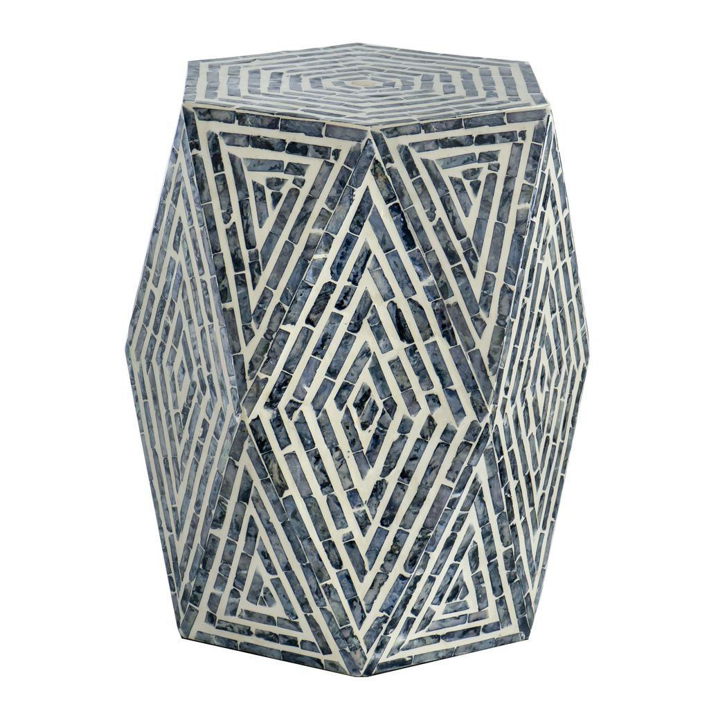 18 Inch Accent Table Stool, Hexagonal Design, Diamond Pattern, Blue, White