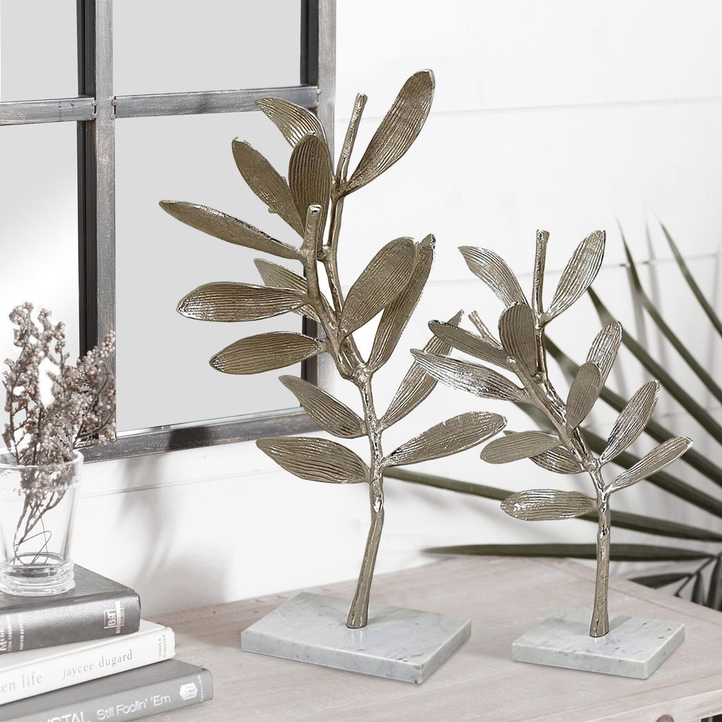 28, 23 Inch Set of 2 Metal Statuettess, Decorative Accent Olive Tree, White - View 6