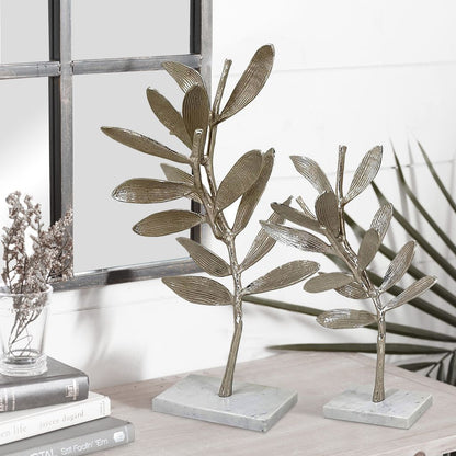 28, 23 Inch Set of 2 Metal Statuettess, Decorative Accent Olive Tree, White - View 6