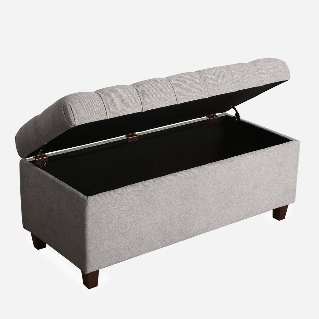 Fabric Upholstered Button Tufted Wooden Bench With Hinged Storage, Gray and Brown - View 5
