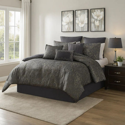 Pixie 9 Piece Polyester Queen Comforter Set, Damask Pattern, Charcoal Gray - View 7