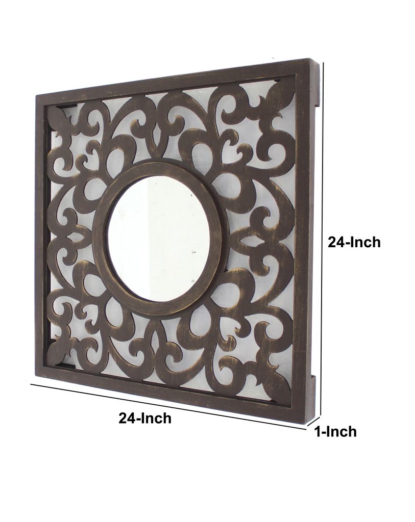 Set of 2 Wooden Frame Square Wall Mirror with Floral cut Out Design, Espresso - View 5