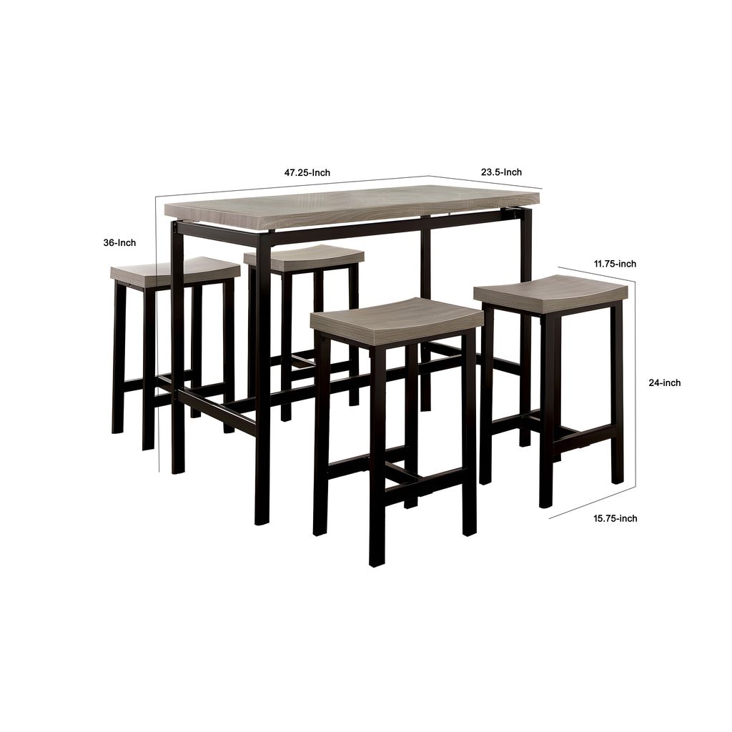 5 Piece Wooden Counter Height Table Set In Natural Brown And Black - View 6