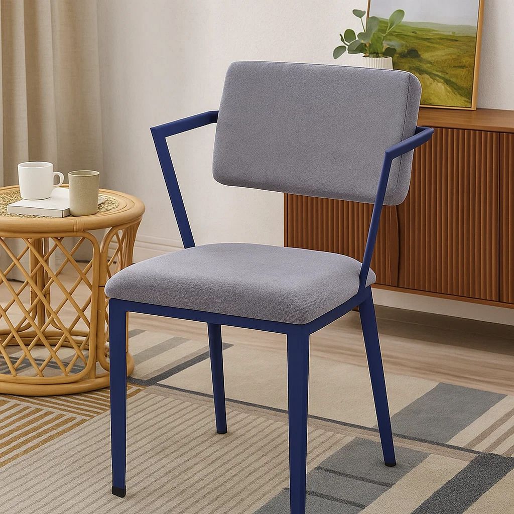 Fabric Upholstered Metal Base Chair with Flared Armrest, Blue and  Gray - View 7
