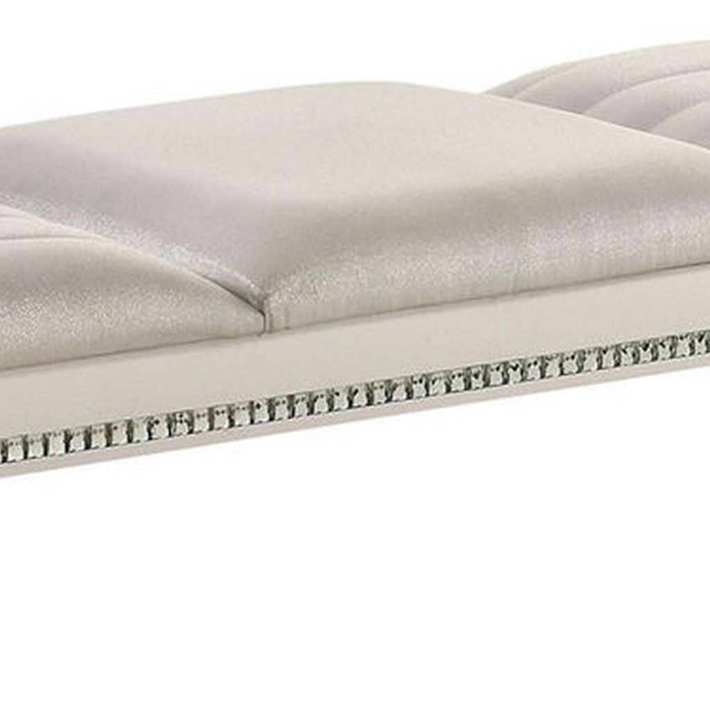 Tufted Leatherette Seater Wooden Bench with Mirror Accents, White - View 3