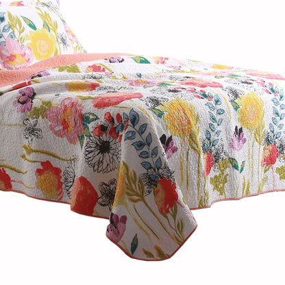 3 Piece Cotton Full Size Quilt Set with Stencil Flower Print, Multicolor - View 3