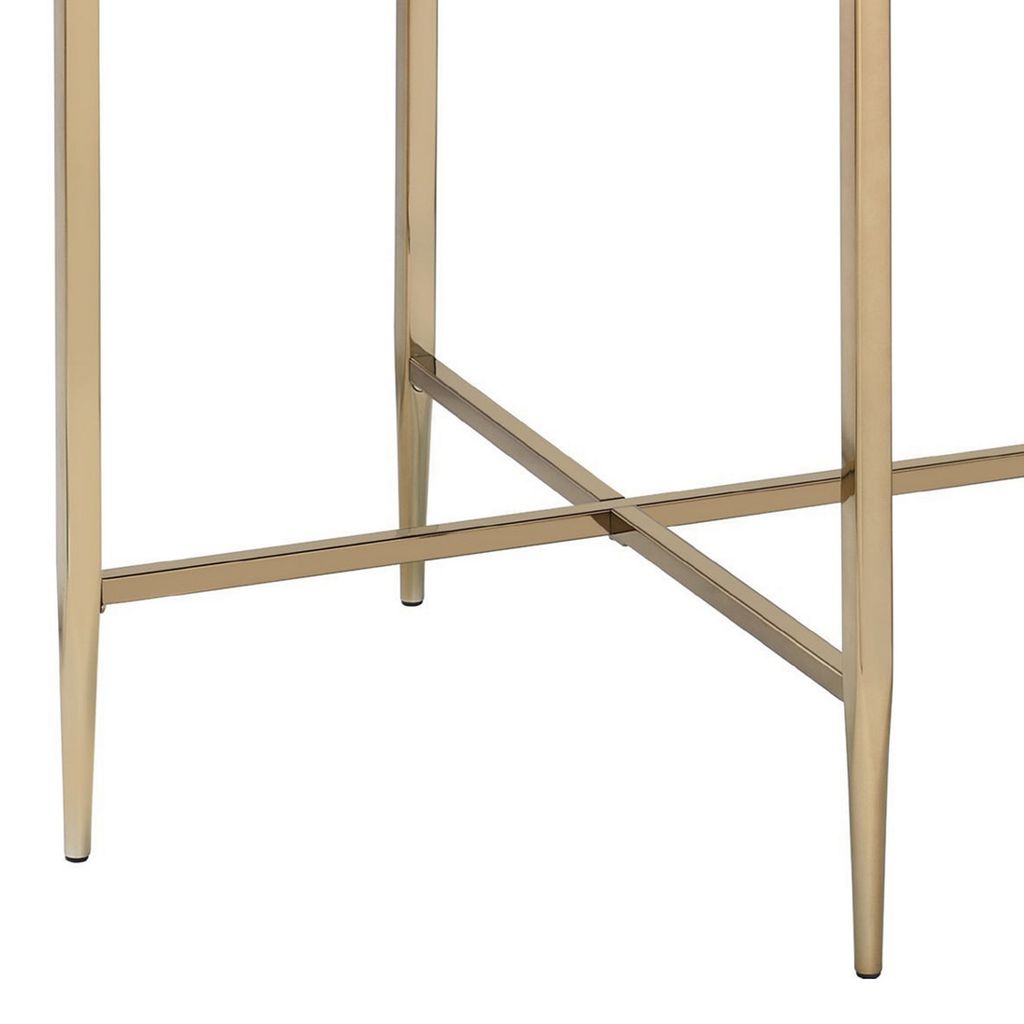 End Table with Oval Marble Top and X Shaped Support, Gray and Gold - View 5