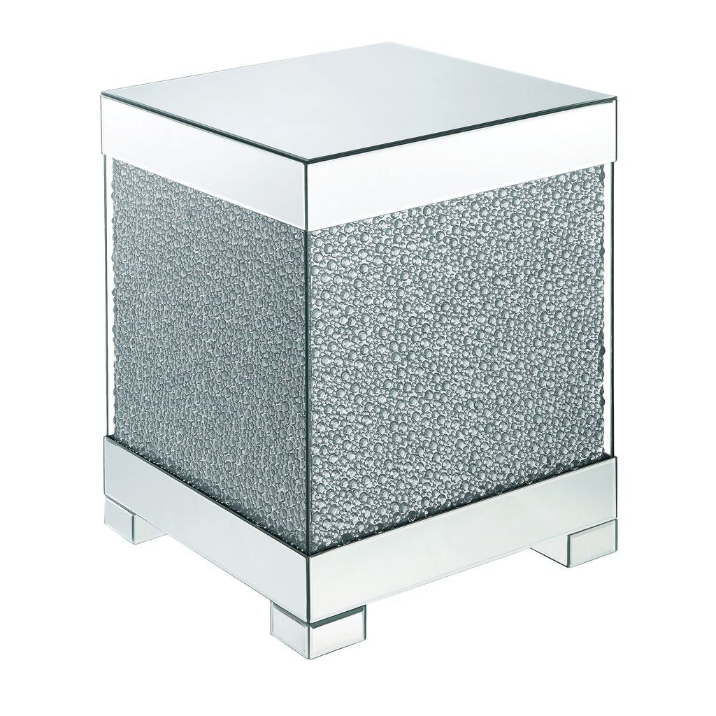 Contemporary Square Wooden End Table with Faux Crystal Inlays, Silver - View 4