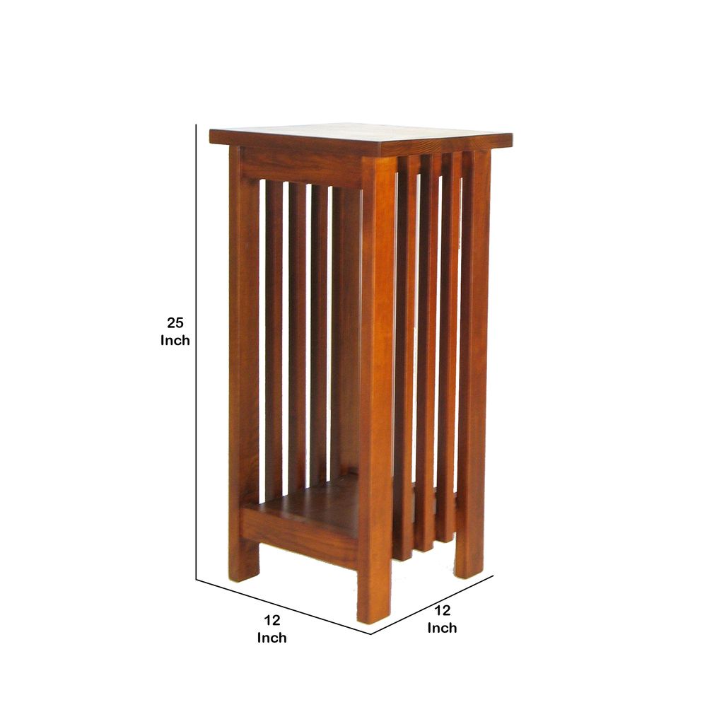 25 Inch Wooden Flower Stand with Slatted Sides and Bottom Shelf, Brown - View 5