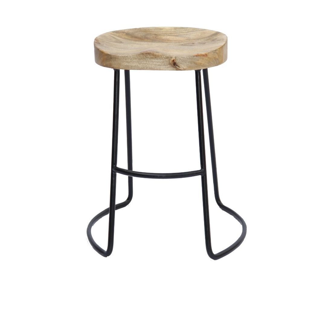 Ela 24 Inch Counter Height Stool, Mango Wood Saddle Seat, Iron Frame, Brown and Black - View 4