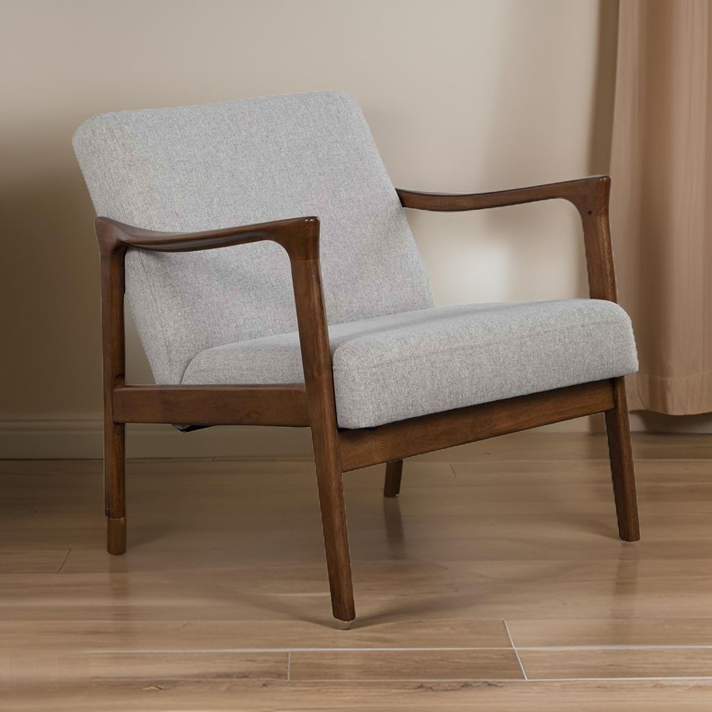 Fabric Upholstered Mid Century Wooden Lounge Chair, Gray and Brown - View 7