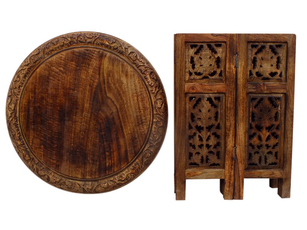 18 Inch Mango Wood Folding Accent Table, Hand Carved, Walnut Brown - View 6
