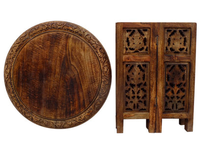 18 Inch Mango Wood Folding Accent Table, Hand Carved, Walnut Brown - View 6