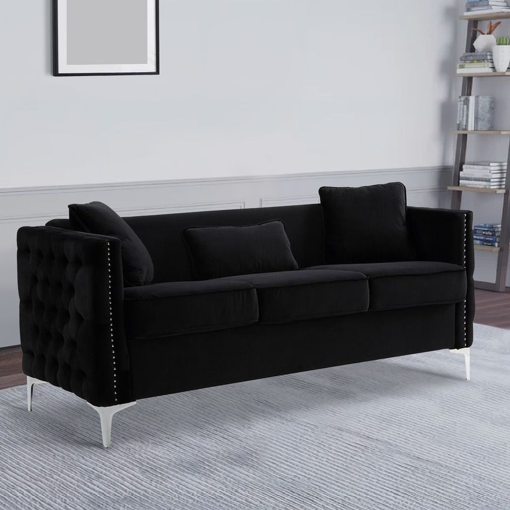 Joel 73 Inch Modern Sofa with 3 Pillows, Tufted Black Velvet, Silver Legs - View 6