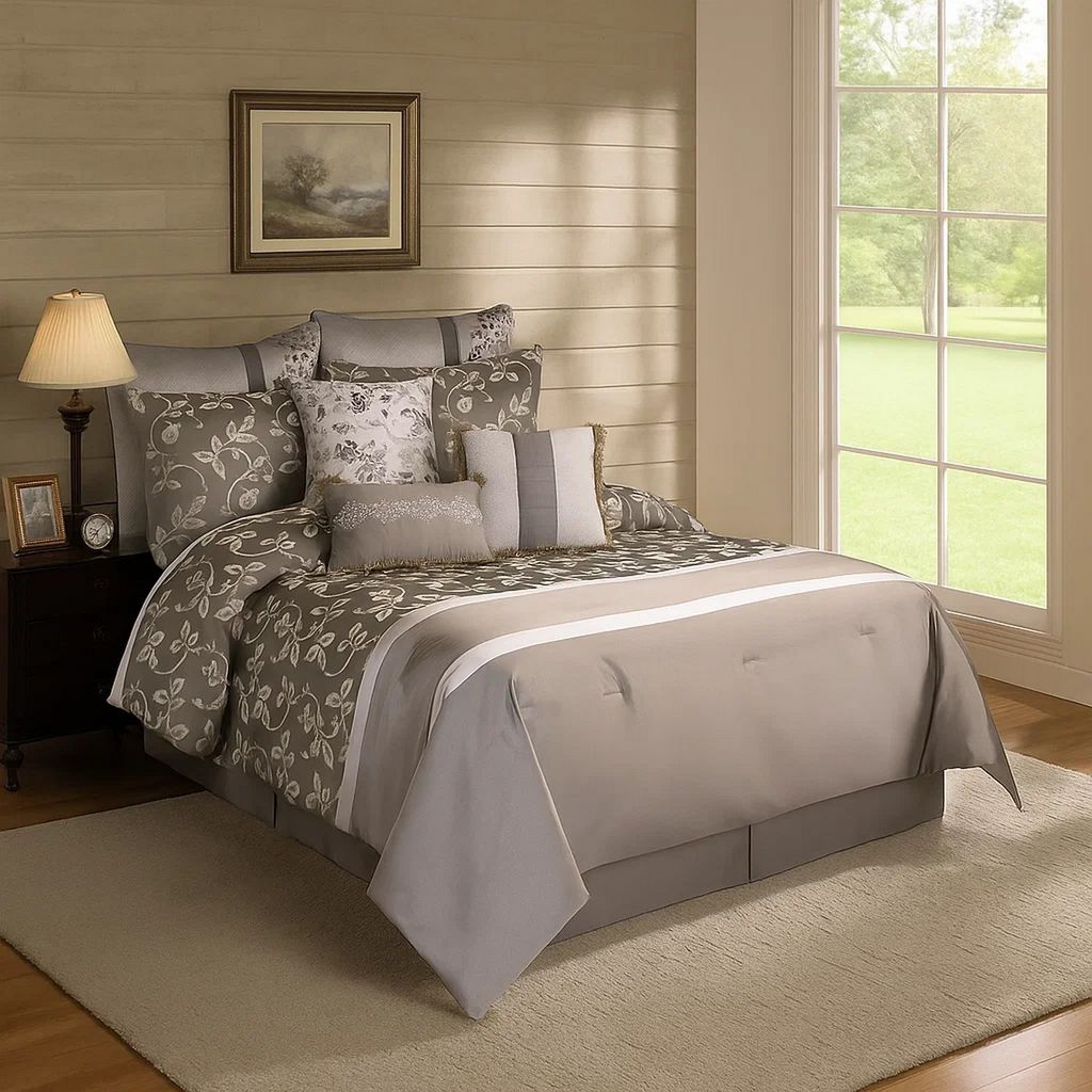 10 Piece King Polyester Comforter Set with Leaf Print, Platinum Gray - View 7