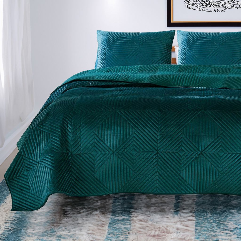 Bann 3 Piece King Quilt Set with Geometric Design, Green - View 6