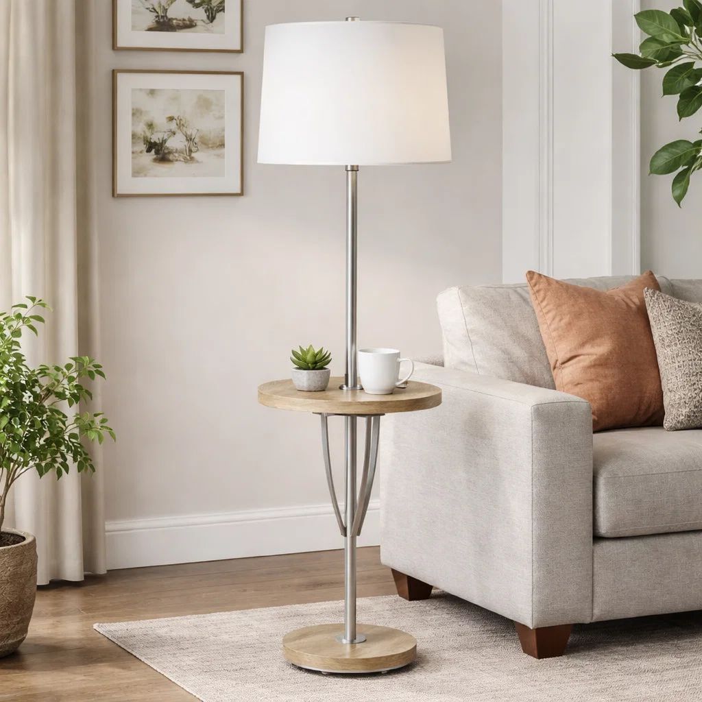 Charlie 61 Inch Modern Floor Lamp, Wood Table, 1 USB, Glossy, White, Brown - View 7
