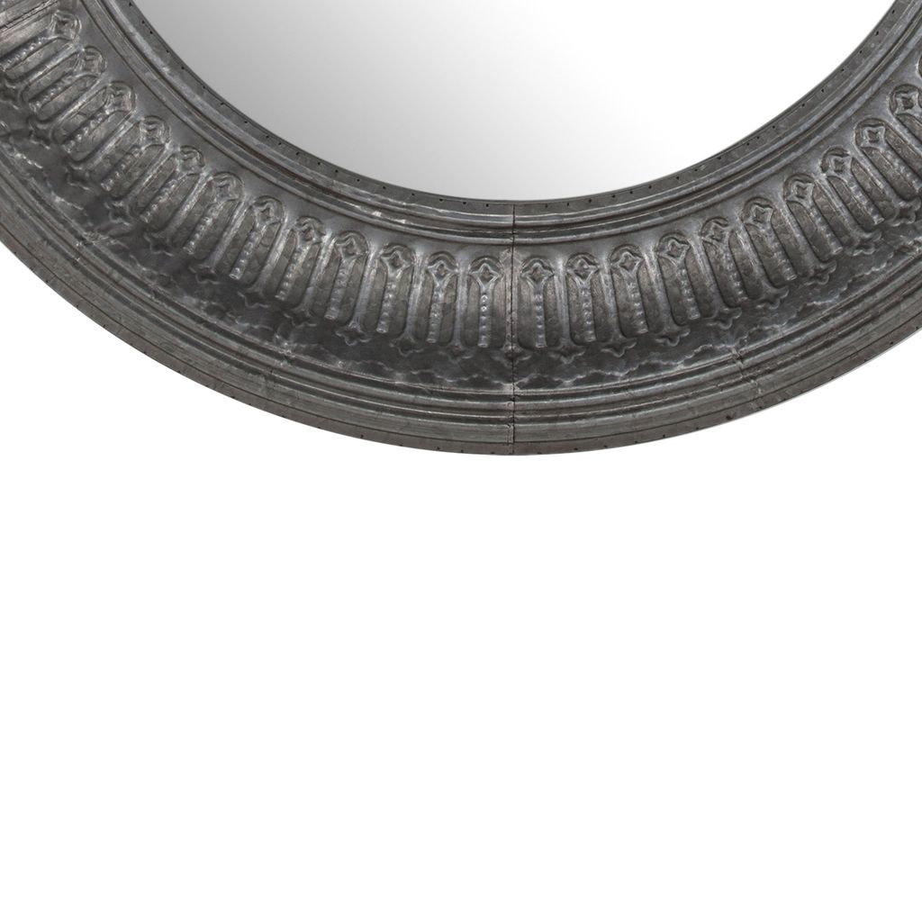 Round Wall Mirror with Thick Embossed Metal Border, Antique Gray - View 4