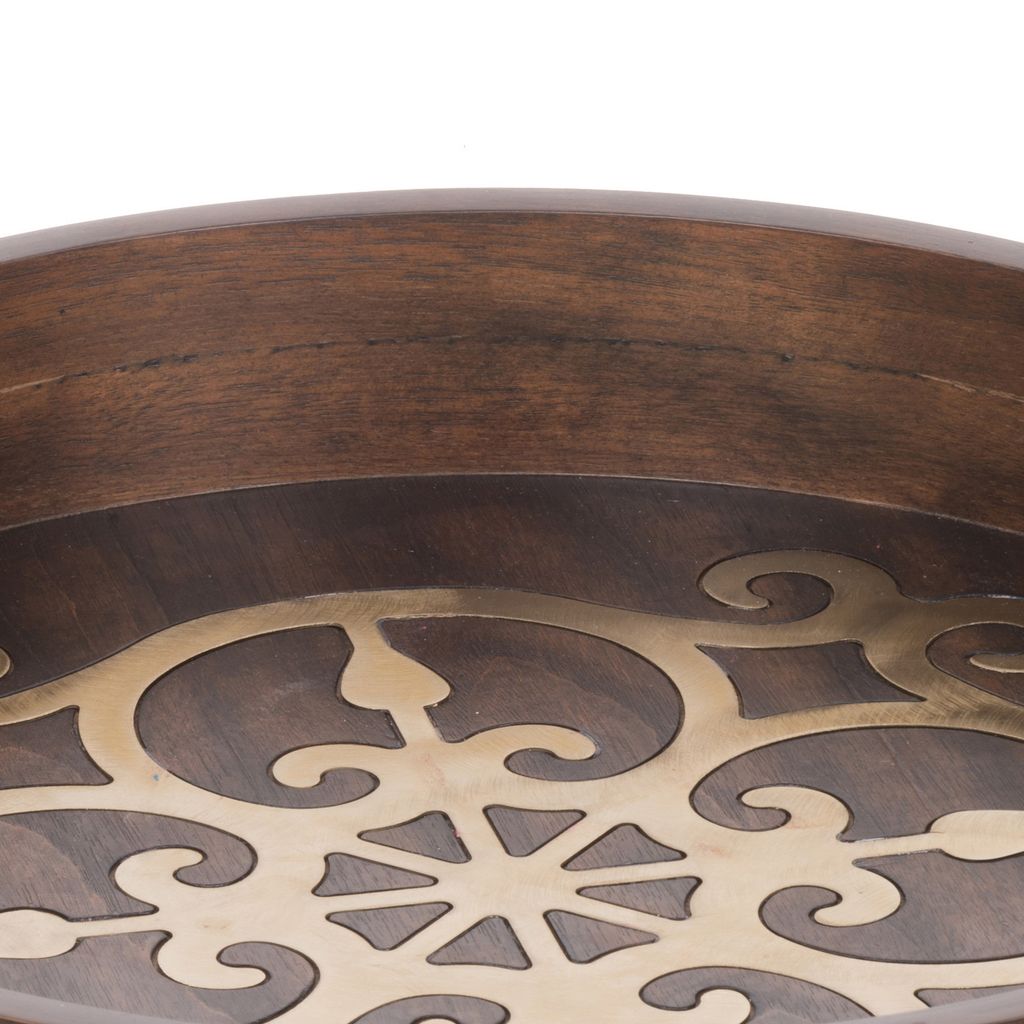 18 Inch Round Decorative Tray, Brass Inlaid Design and Brown Wood Frame - View 3