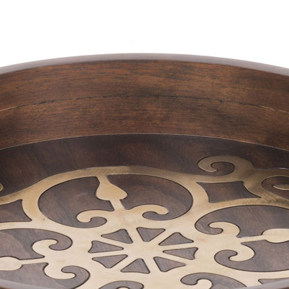 18 Inch Round Decorative Tray, Brass Inlaid Design and Brown Wood Frame - View 3