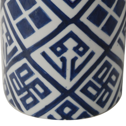14 Inch Lidded Jar, Geometric Pattern, Cylindrical Blue and White Porcelain - View 4