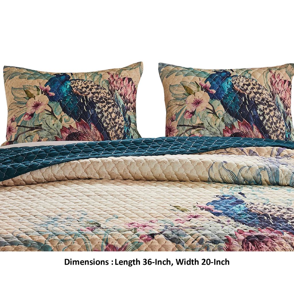 Ufa 36 Inch Quilted King Pillow Sham, Peacock Print, Vermicelli Stitching - View 5