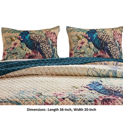 Ufa 36 Inch Quilted King Pillow Sham, Peacock Print, Vermicelli Stitching - View 5