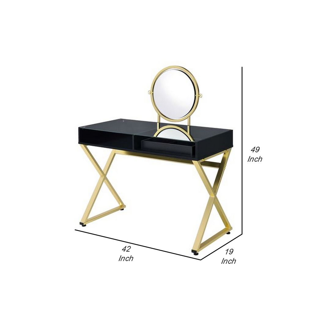 Vanity Desk with Round Mirror and Cross Metal Legs, Black and Gold - View 6