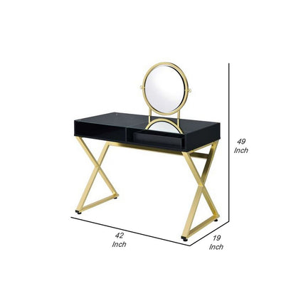 Vanity Desk with Round Mirror and Cross Metal Legs, Black and Gold - View 6