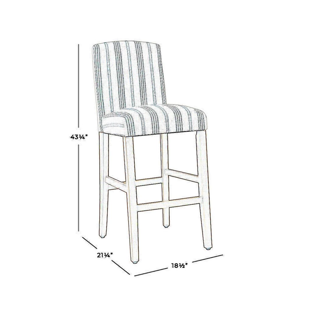 Fabric Upholstered Wooden Barstool with Striped Cushioned Seat, White and Blue - View 6