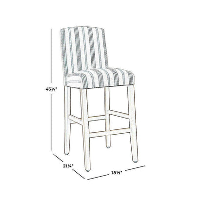 Fabric Upholstered Wooden Barstool with Striped Cushioned Seat, White and Blue - View 6