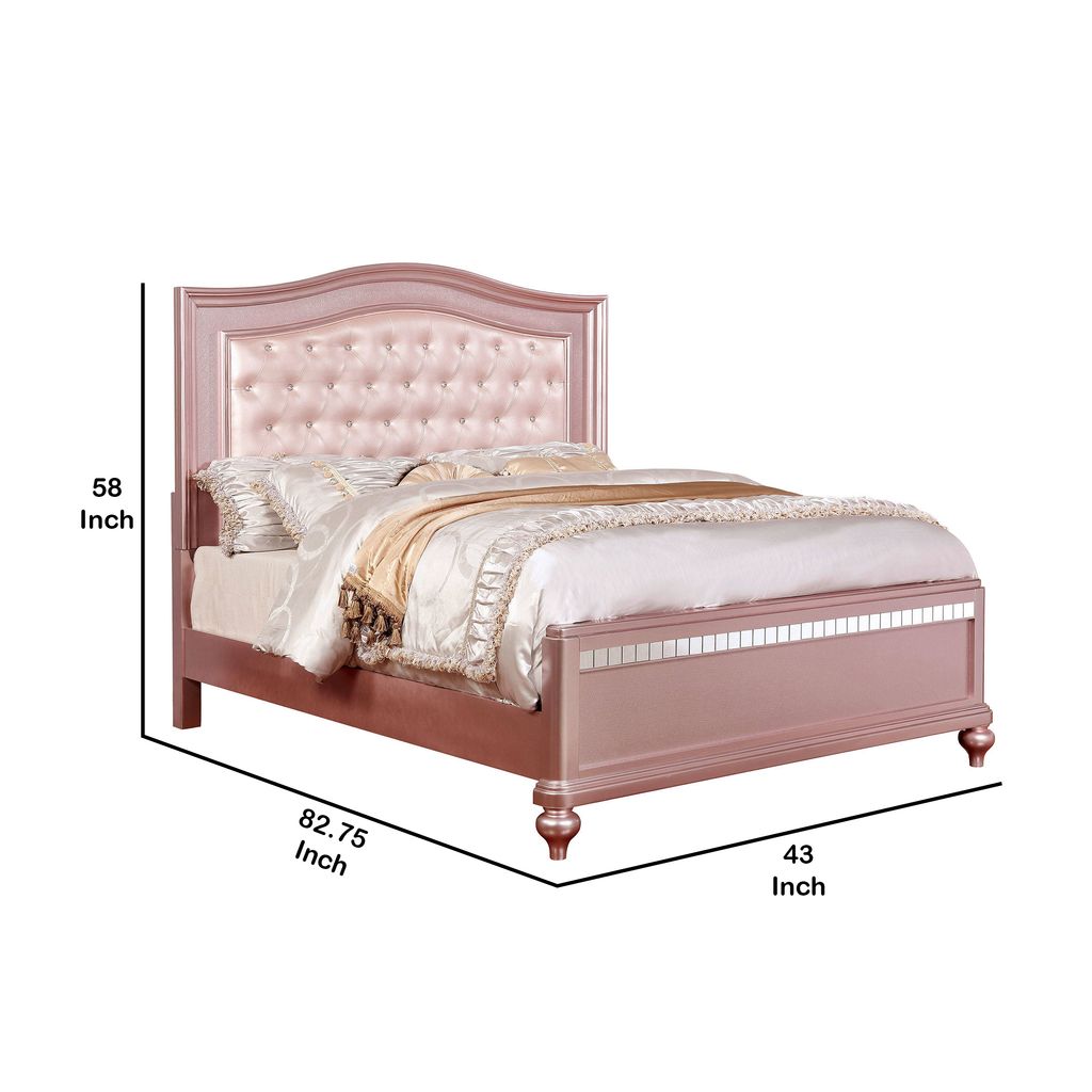 Twin Size Wooden Bed With Mirror Trim Details and Camelback Headboard, Pink - View 6
