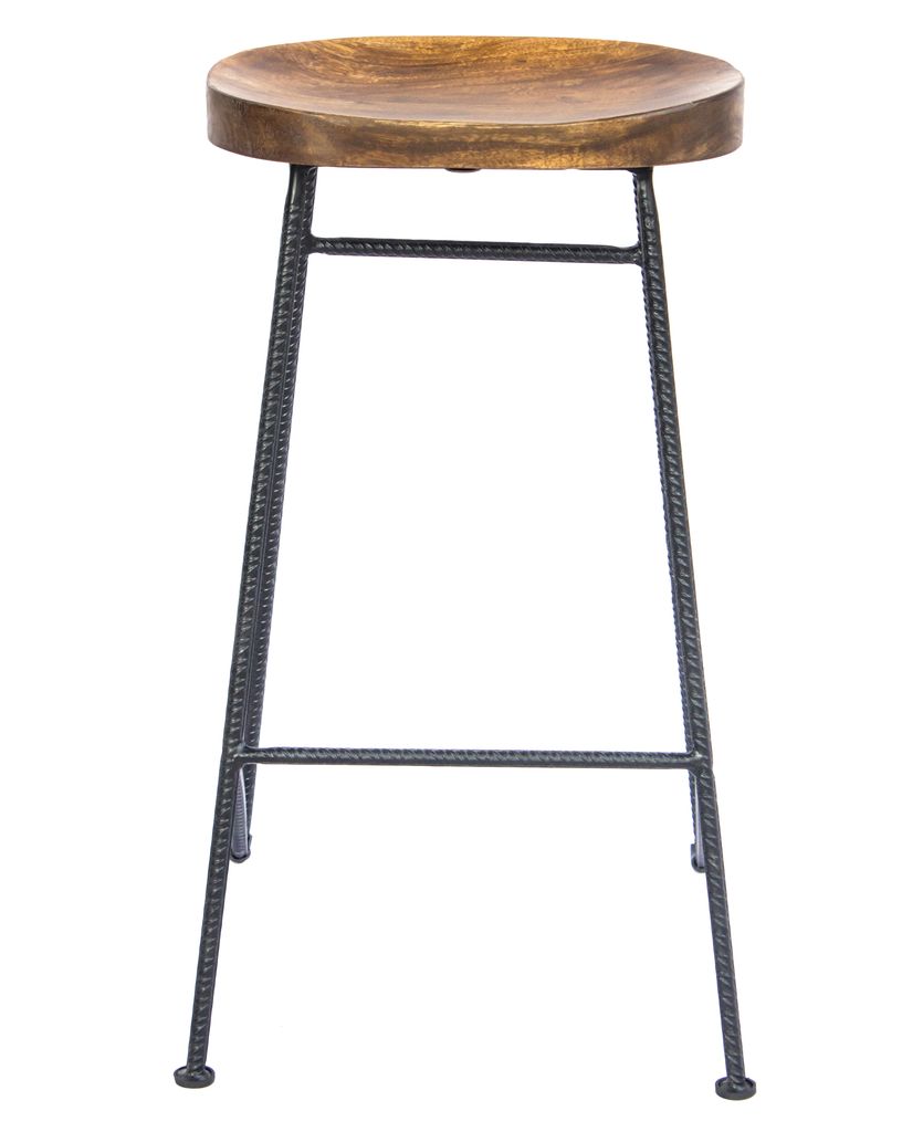 Jael 28 Inch Bar Stool with Mango Wood Saddle Seat, Iron Rod Legs, Brown and Black - View 2
