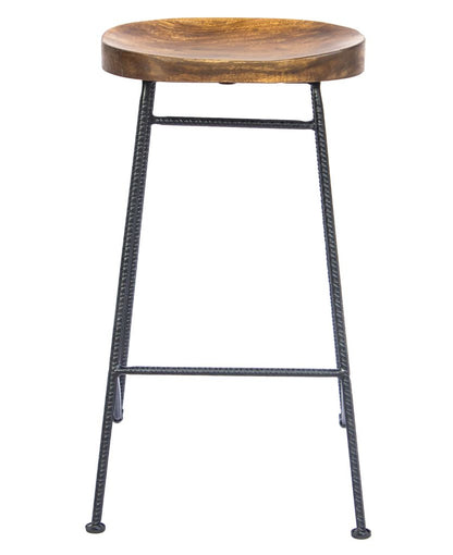 Jael 28 Inch Bar Stool with Mango Wood Saddle Seat, Iron Rod Legs, Brown and Black - View 2