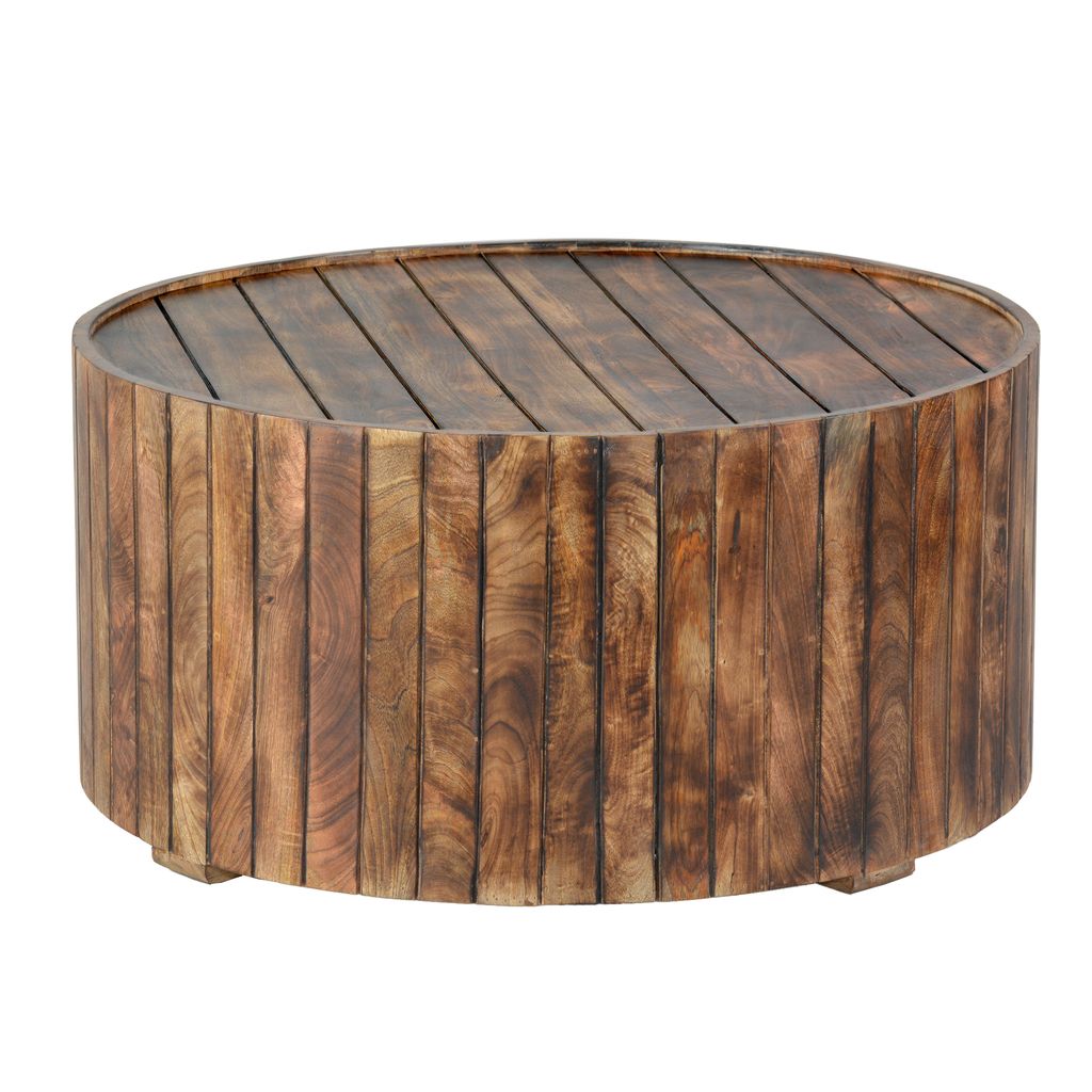 34 Inch Handmade Wooden Round Coffee Table with Plank Design, Burned Brown