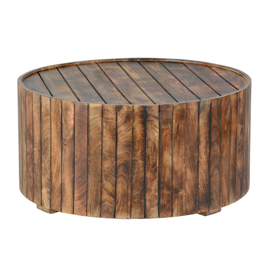 34 Inch Handmade Wooden Round Coffee Table with Plank Design, Burned Brown