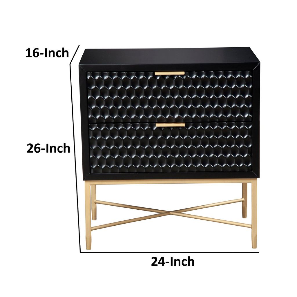 Rexi 26 Inch 2 Drawer Nightstand, Honeycomb, Mahogany Wood, Black, Gold - View 6