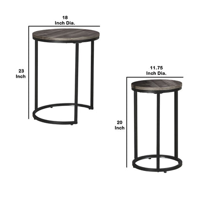 Round Wooden Top Metal Accent Table, Set of 2, Gray and Black - View 6