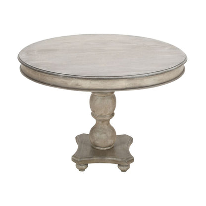 42 Inch Handcrafted Mango Wood Dining Table, Pedestal Base, Round Molded Top, Washed White, Gray
