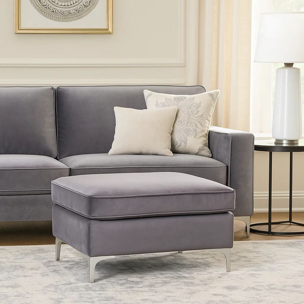 Ottoman with Velvet Upholstery and Metal Legs, Gray - View 7