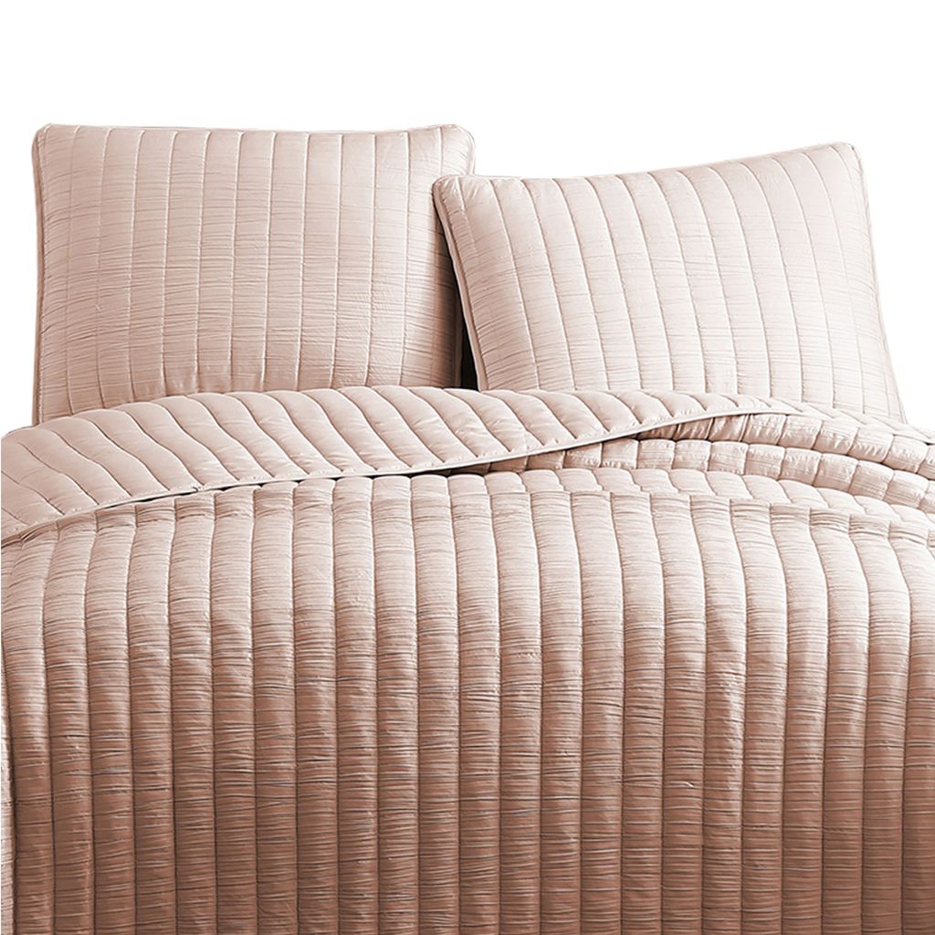 3 Piece Crinkles Queen Size Coverlet Set with Vertical Stitching, Pink - View 2