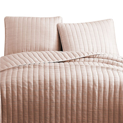3 Piece Crinkles Queen Size Coverlet Set with Vertical Stitching, Pink - View 2