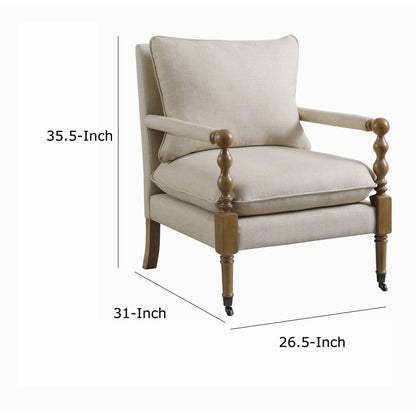 Fabric Upholstered Wooden Accent Chair with Manchette Armrest, Beige and Brown - View 6