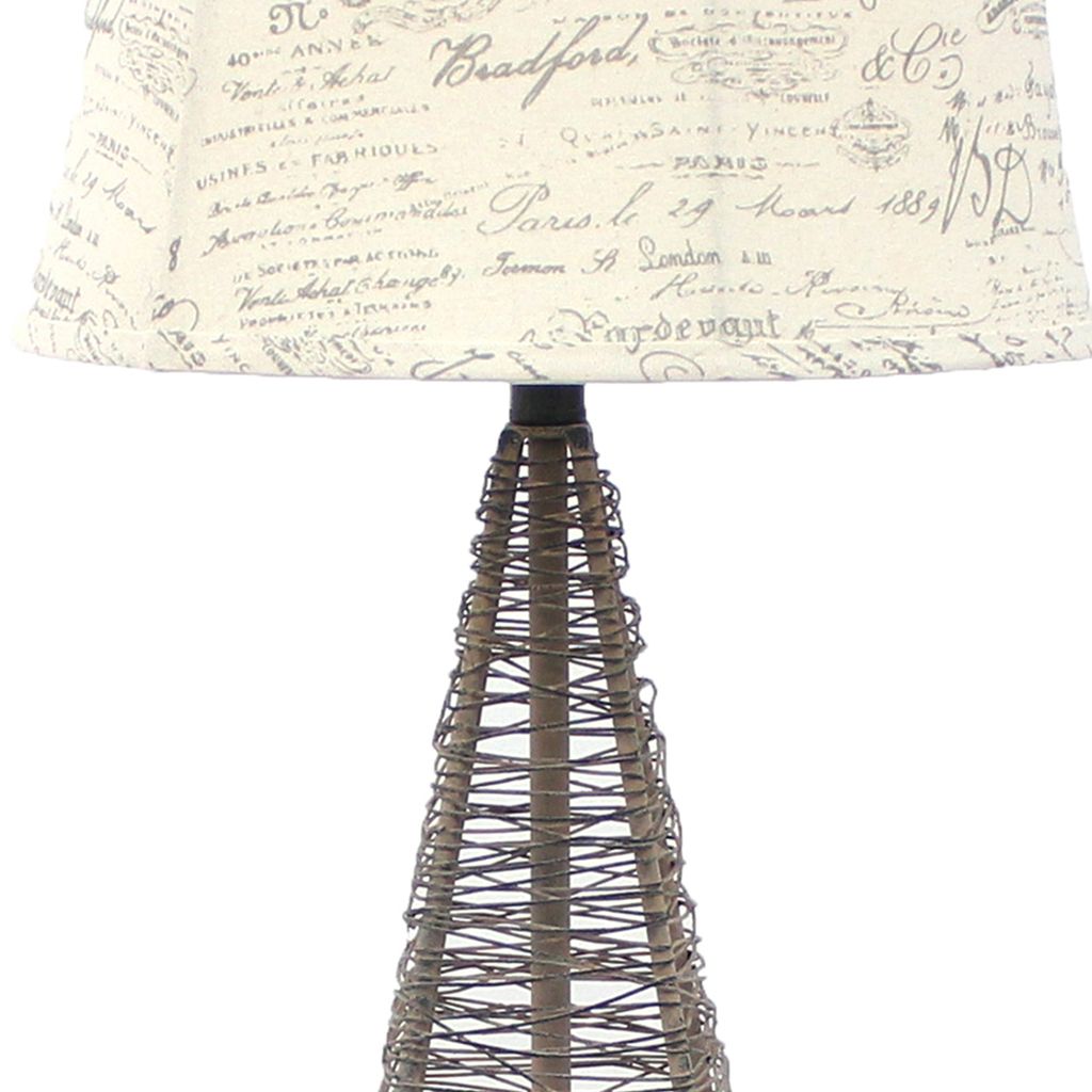 Metal Pyramid Base Table Lamp Set of 2 with Wire Design and Scripted Shade, Gray - View 3