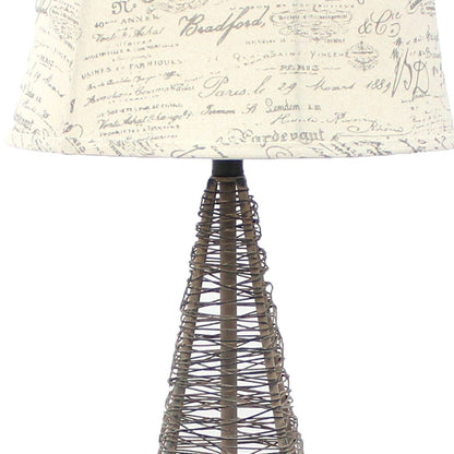 Metal Pyramid Base Table Lamp Set of 2 with Wire Design and Scripted Shade, Gray - View 3