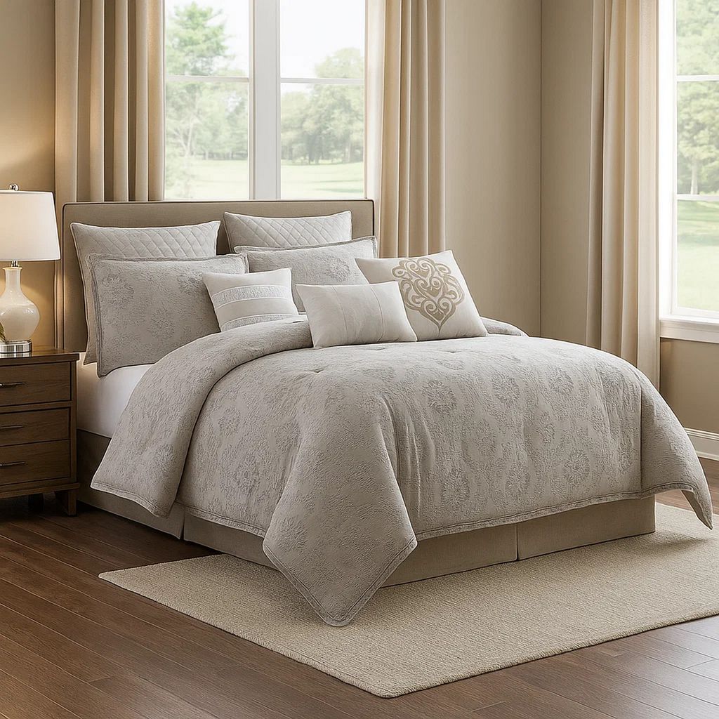 10 Piece King Cotton Comforter Set with Textured Floral Print, Gray - View 7