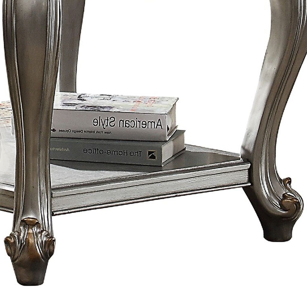 Side End Table, Scalloping, Polyresin Carvings and Bottom Shelf, Silver - View 5