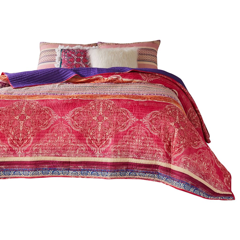 Dora 3 Piece Bohemian Full Quilt Set, Medallion, Paisley, Pink, Blue - View 2