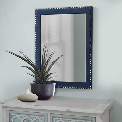 Cale 40 Inch Modern Glam Portrait Mirror, Nailhead, Blue Velvet Upholstered - View 7