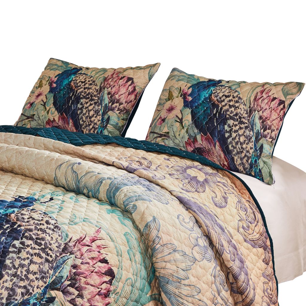Ufa 36 Inch Quilted King Pillow Sham, Peacock Print, Vermicelli Stitching - View 2